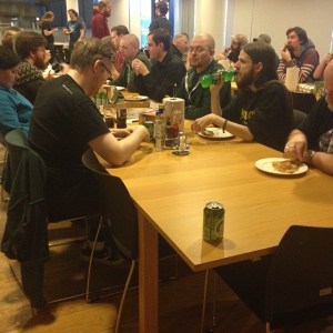 Eating pizza at the end of day one.